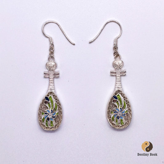 999 Pure Silver Cloisonné Pipa Earrings (Intangible Cultural Heritage Craft)