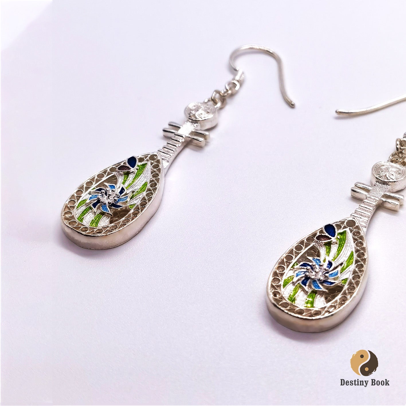 999 Pure Silver Cloisonné Pipa Earrings (Intangible Cultural Heritage Craft)