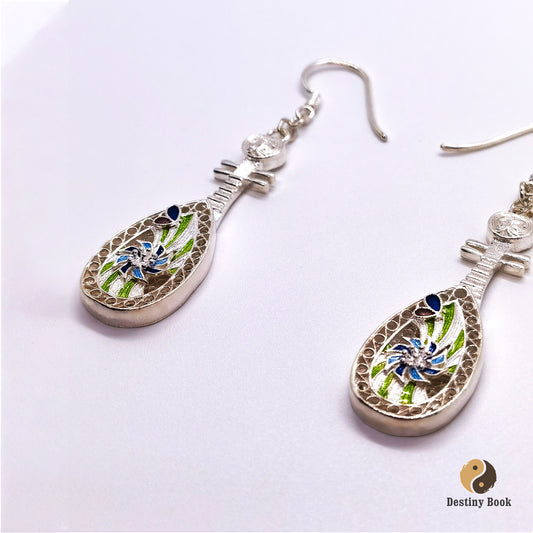 999 Pure Silver Cloisonné Pipa Earrings (Intangible Cultural Heritage Craft)