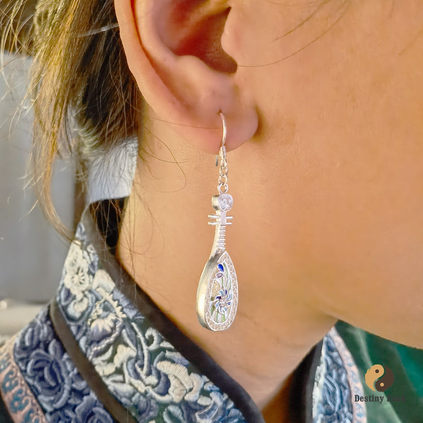999 Pure Silver Cloisonné Pipa Earrings (Intangible Cultural Heritage Craft)